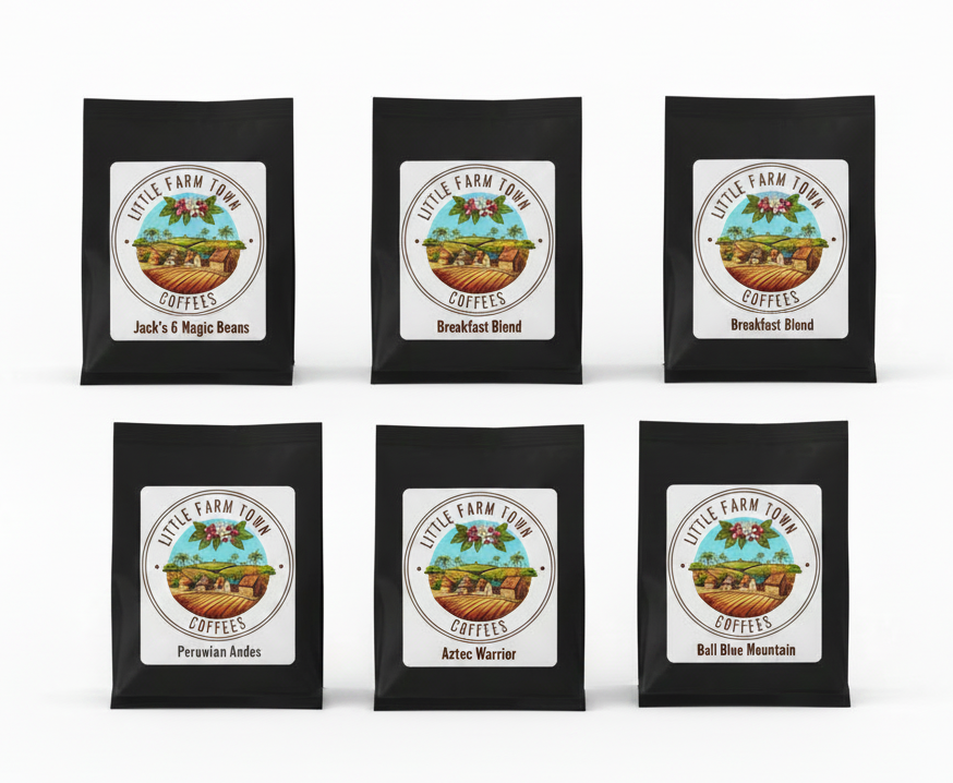 Six 2oz sample packs of Little Farm Town Coffees specialty coffees including 6 Bean, Cowboy, Breakfast, Peru, Mexico, and Bali.