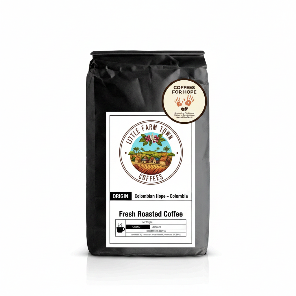 Bag of Colombian Hope coffee from Little Farm Town Coffees, showcasing a rich, roasted coffee bean bag with vibrant branding.