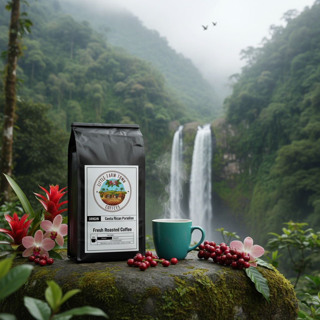 Costa Rican Paradise specialty coffee bag from Little Farm Town Coffees with tiny distant birds on label.
