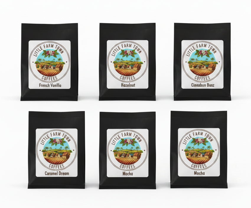 Six 2oz flavored coffee sampler bags from Little Farm Town Coffees, perfect for tasting or gifting, displayed in the image.