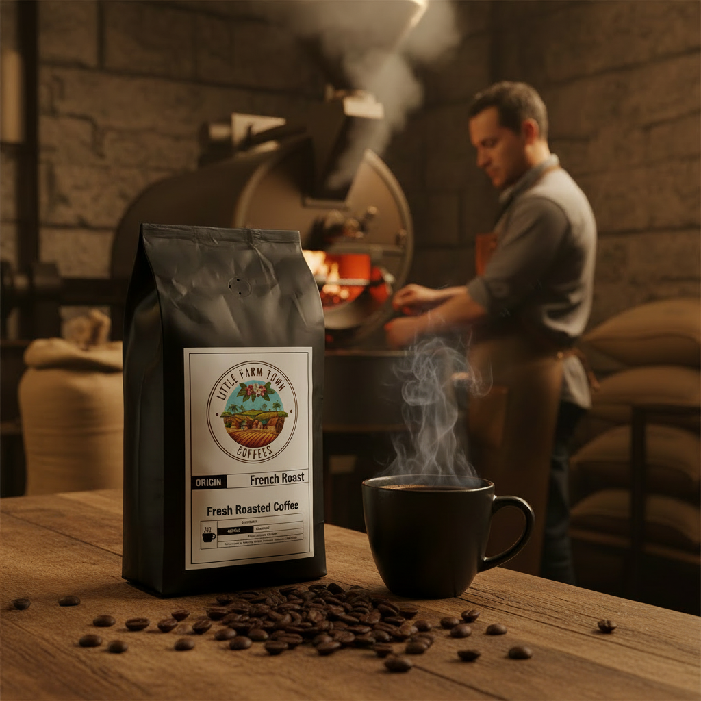 A cup of French Roast specialty coffee from Little Farm Town Coffees with a dark, rich brew and a cozy coffee scene.