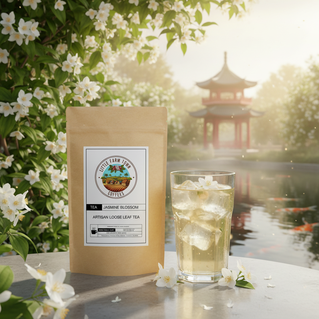 Iced Jasmine Blossom artisan tea in a glass, showcasing delicate jasmine flowers and light tea color with ice cubes.