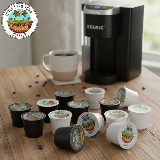 Little Farm Town Coffees Cowboy Blend coffee K-Cups and pods with Peruvian Andes decaf in standard grind, ideal for coffee lovers.