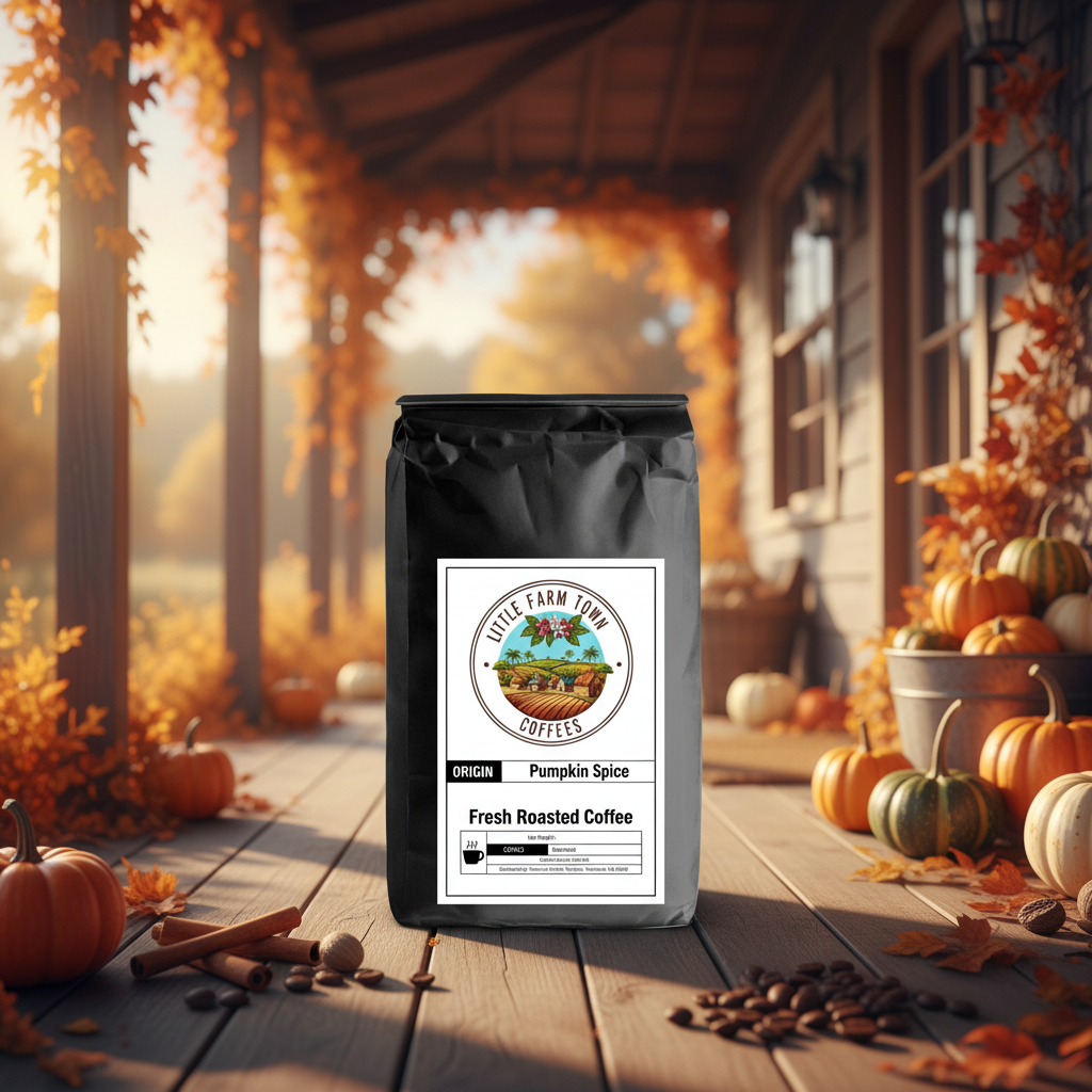 A cup of Pumpkin Spice specialty coffee from Little Farm Town Coffees with pumpkin spice flavor and autumn-themed background.