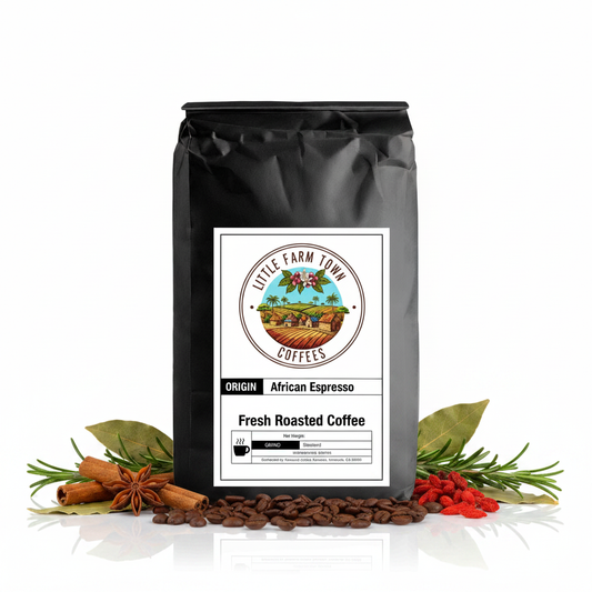 African Espresso specialty coffee from Little Farm Town Coffees, showcasing dark roasted beans in a close-up shot.