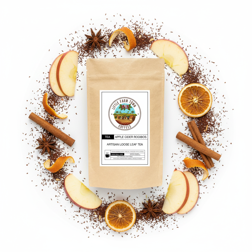 Artisan apple cider rooibos tea in a white cup, featuring rich amber color and herbal aroma, from Little Farm Town Coffees.