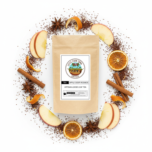 Artisan apple cider rooibos tea in a white cup, featuring rich amber color and herbal aroma, from Little Farm Town Coffees.