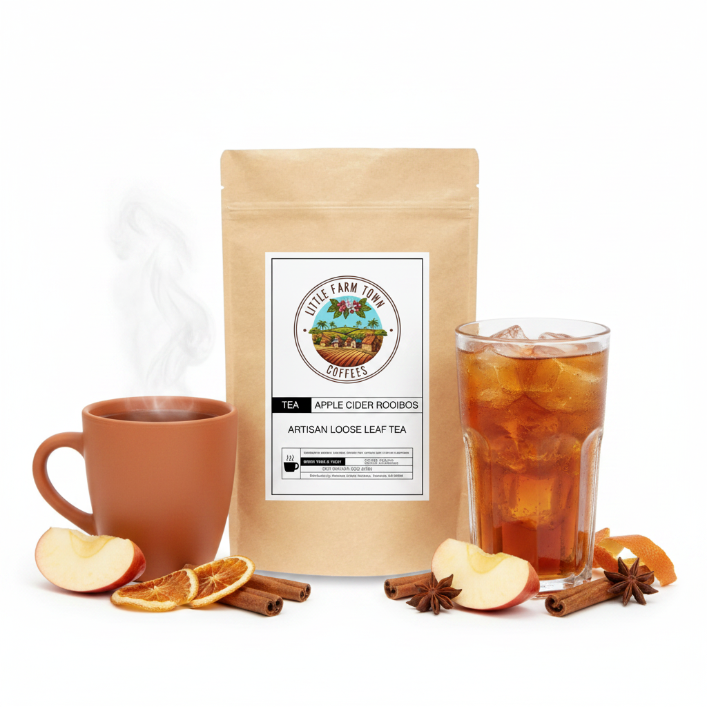 Artisan apple cider rooibos tea from Little Farm Town Coffees, featuring dried rooibos leaves and apple pieces in a clear tea bag