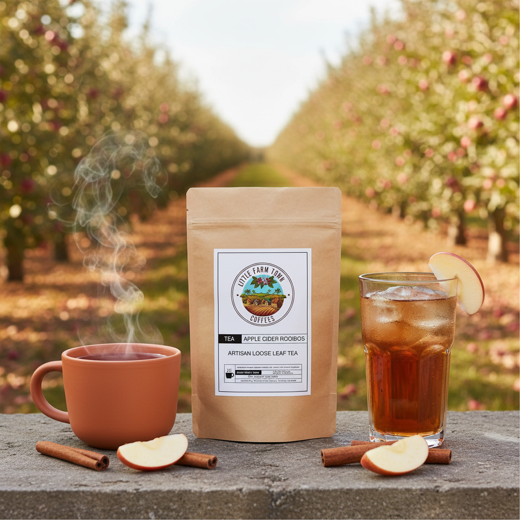 Apple Cider Rooibos Tea by Little Farm Town Coffees, artisan caffeine-free herbal tea in a clear glass cup with apple slices