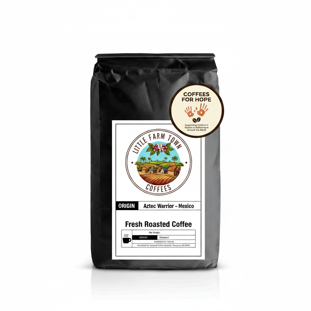 Aztec Warrior coffee K-Cup from Little Farm Town Coffees, featuring vibrant Aztec warrior design on the packaging.
