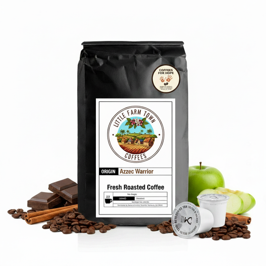Aztec Warrior Mexico coffee pods from Little Farm Town Coffees, K-cups with colorful Aztec warrior design on packaging.