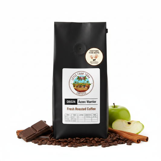 Aztec Warrior coffee bag from Little Farm Town Coffees for Hope collection, featuring vibrant Aztec warrior artwork.