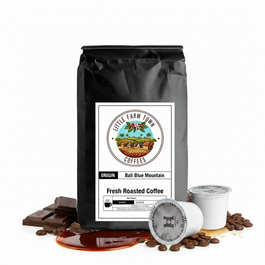 Bali Blue Mountain Coffee K-Cups by Little Farm Town Coffees, featuring rich blue mountain coffee pods for Keurig machines.