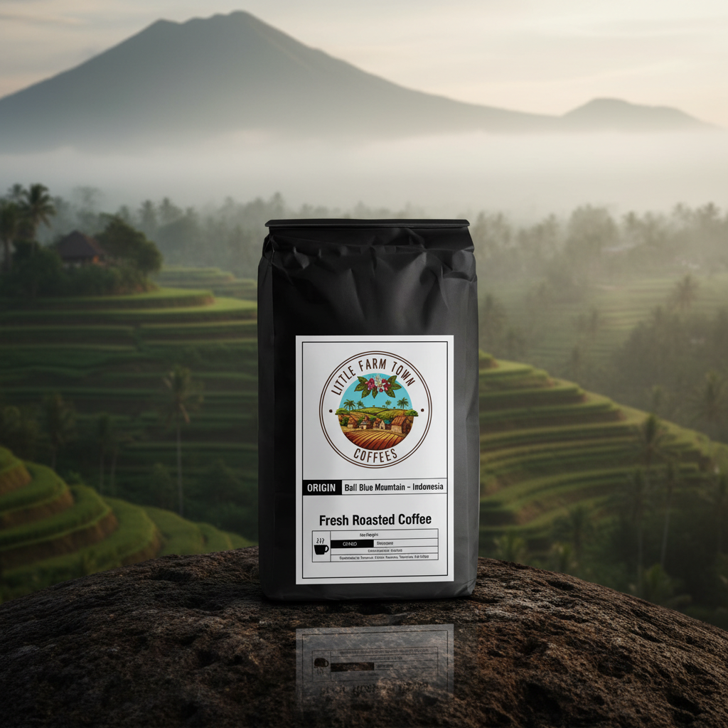 Bali Blue Mountain specialty coffee from Little Farm Town Coffees, showcasing freshly brewed coffee in a rustic setting