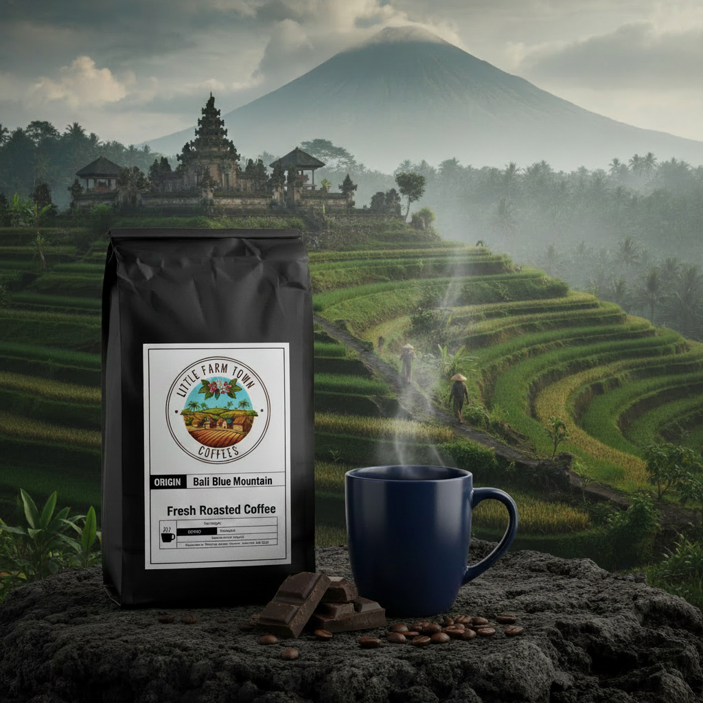 Bali Blue Mountain specialty coffee beans from Little Farm Town Coffees, showcasing whole, roasted coffee beans in a natural setting.