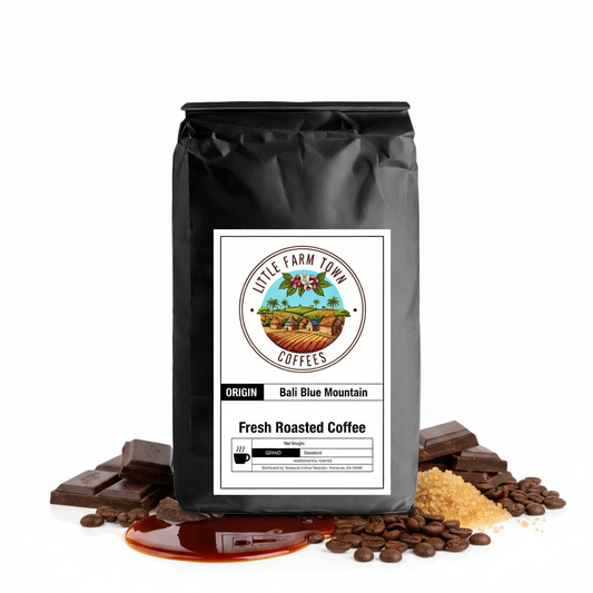Bali Blue Mountain Specialty Coffee bag from Little Farm Town Coffees, featuring vibrant blue and green packaging design.