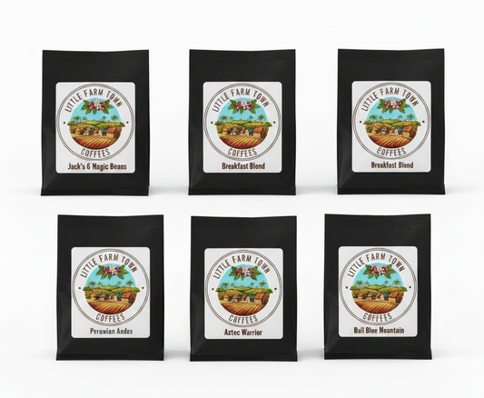 Six 2oz sample packs of Little Farm Town Coffees specialty coffees including 6 Bean, Cowboy, Breakfast, Peru, Mexico, and Bali.