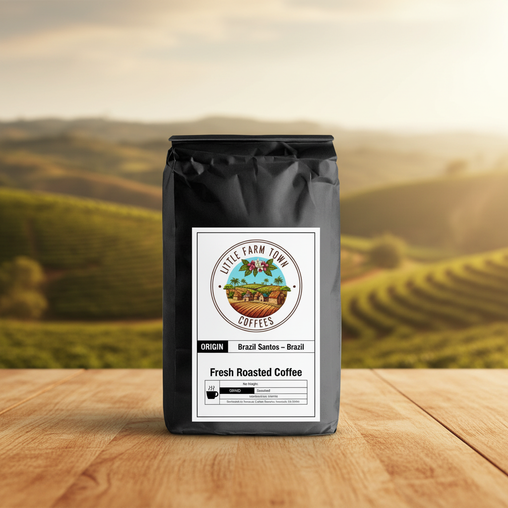 A bag of Little Farm Town Coffees Brazil Santos specialty coffee with a vibrant label, set beside a steaming cup of brewed coffee.
