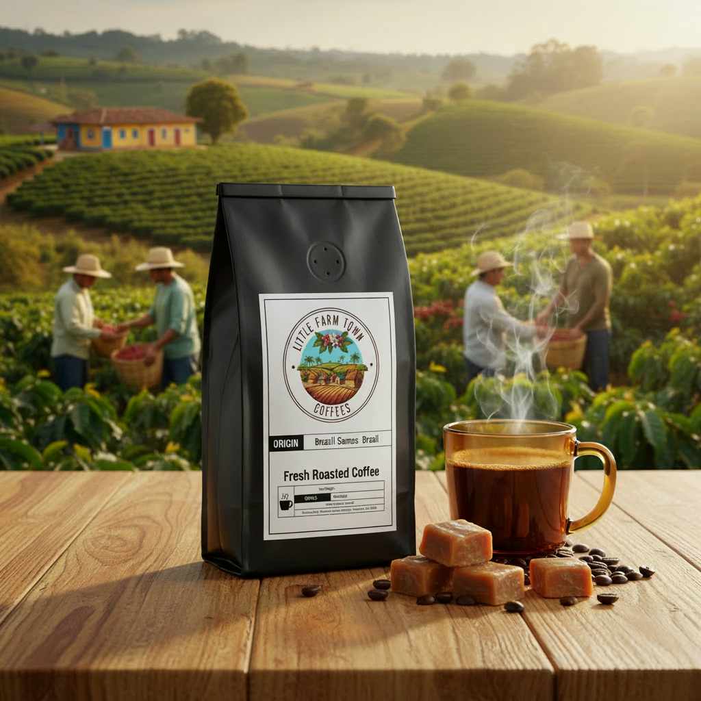Brazil Santos specialty coffee beans from Little Farm Town Coffees, showing a close-up of roasted coffee beans with rich brown color.