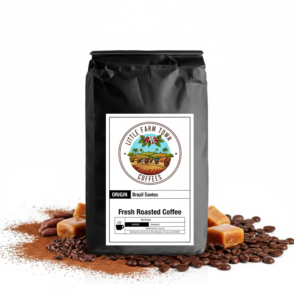 Whole Brazil Santos specialty coffee beans from Little Farm Town Coffees, showcasing medium roasted beans with rich brown color.