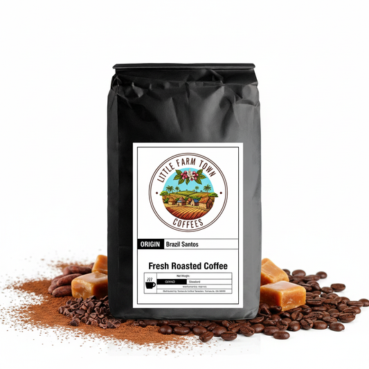 Whole Brazil Santos specialty coffee beans from Little Farm Town Coffees, showcasing medium roasted beans with rich brown color.