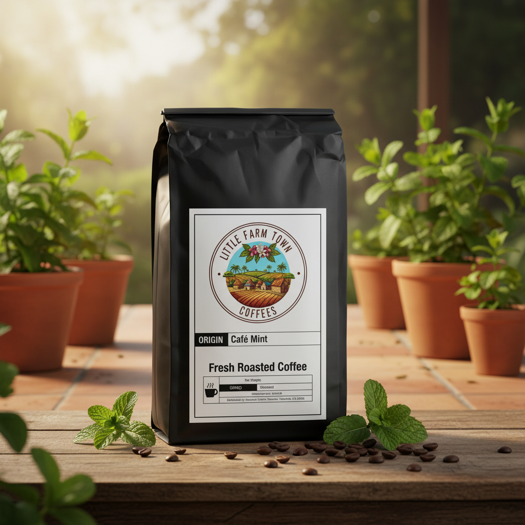 A cup of Little Farm Town Coffees Cafe Mint specialty coffee with fresh mint leaves and coffee beans on a rustic table.