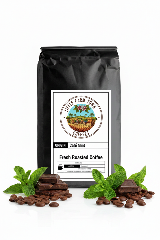 Little Farm Town Coffees Cafe Mint specialty coffee with mint leaves and coffee beans on a white background.