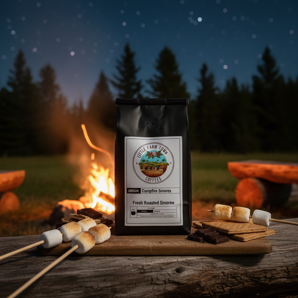 A cozy scene of a campfire with marshmallows and chocolate, representing Little Farm Town Coffees' specialty Campfire Smores coffee.