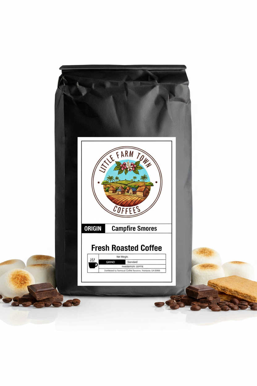 A specialty coffee bag labeled Campfire S'mores by Little Farm Town Coffees, featuring a white background and cozy campfire imagery.
