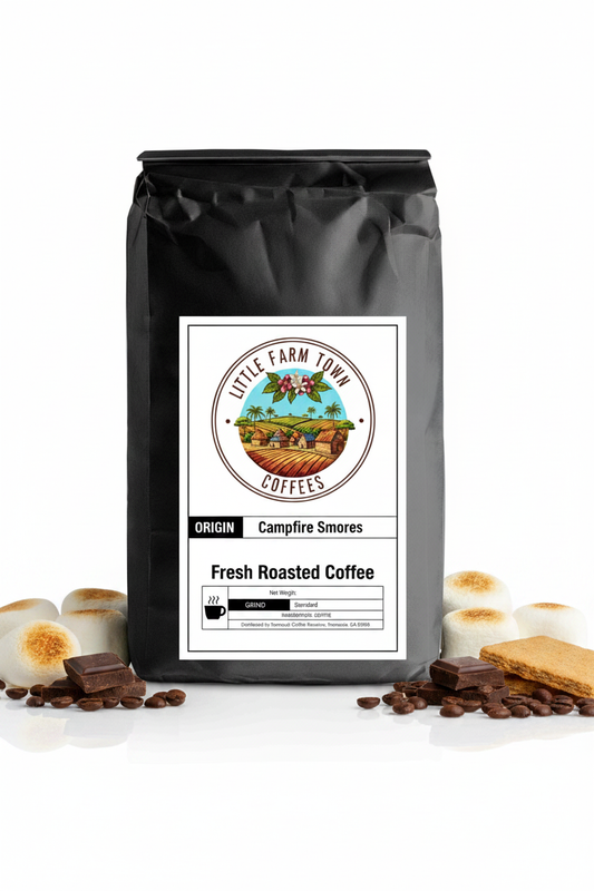 A specialty coffee bag labeled Campfire S'mores by Little Farm Town Coffees, featuring a white background and cozy campfire imagery.