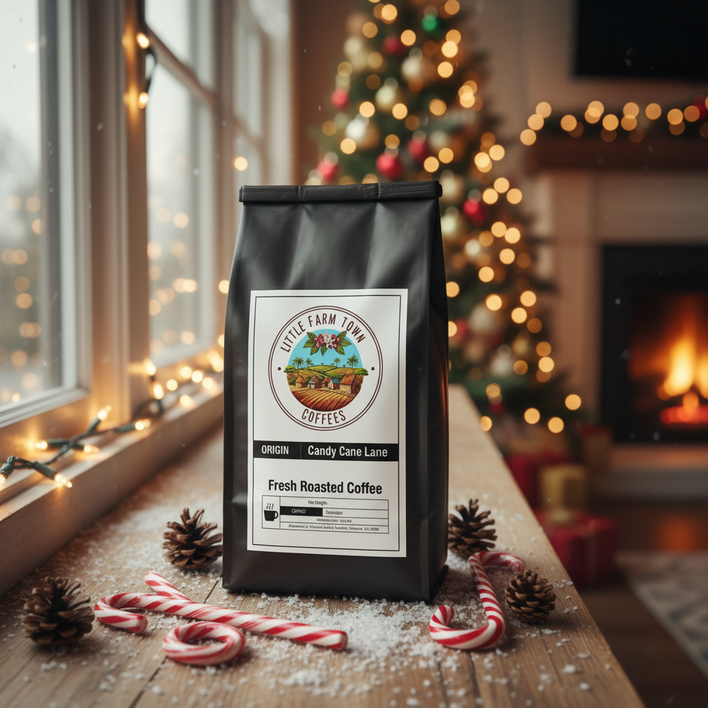 A cup of Candy Cane Lane specialty coffee from Little Farm Town Coffees with festive holiday decorations in the background.