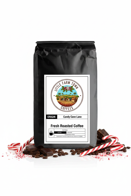 Little Farm Town Coffees Candy Cane Lane specialty coffee bag with festive red and white holiday design on white background