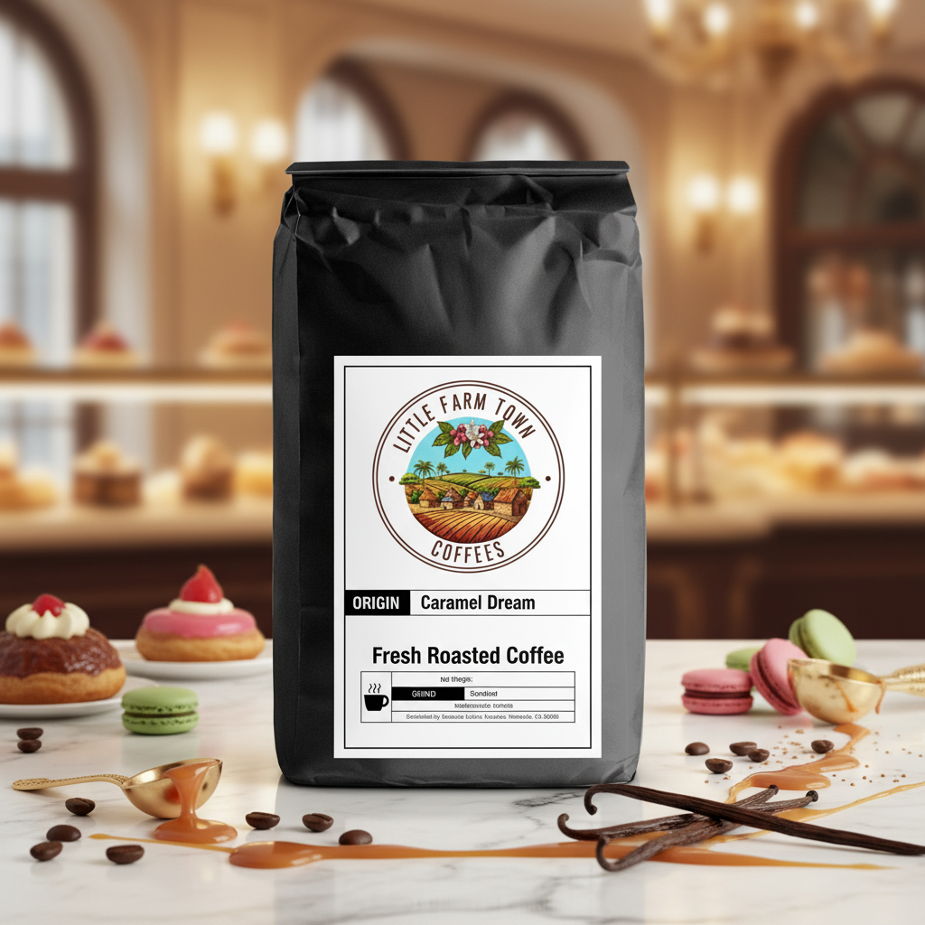 A cup of Caramel Dream specialty coffee by Little Farm Town Coffees with caramel swirls and a cozy coffee shop setting.