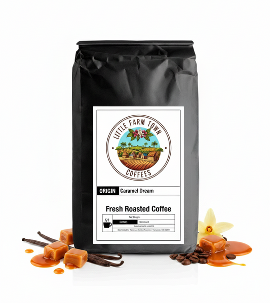 Bag of Little Farm Town Coffees Caramel Dream specialty coffee with caramel flavor, displayed on a white background.