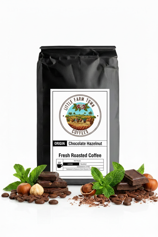 Little Farm Town Coffees Chocolate Hazelnut specialty coffee bag on a white background, showcasing rich chocolate and hazelnut flavor.