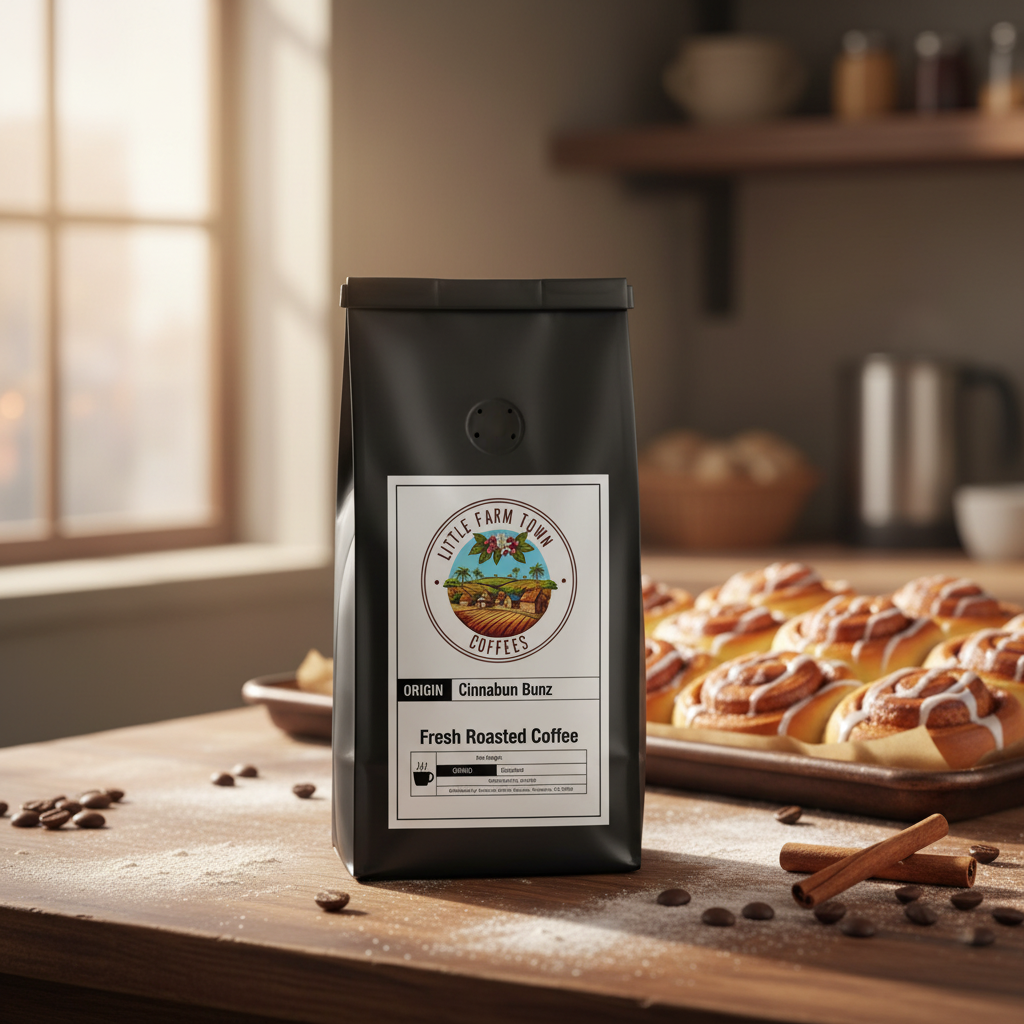 A steaming cup of Cinnabun Bunz specialty coffee from Little Farm Town Coffees, with a cinnamon bun and coffee beans on a rustic table.