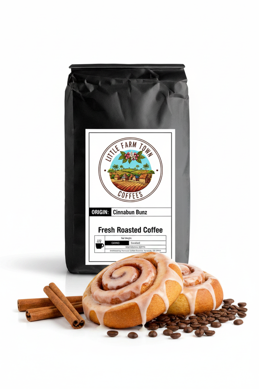 Close-up of Cinnabun Bunz, a specialty coffee from Little Farm Town Coffees, shown against a white background.