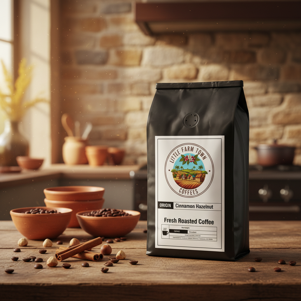 A cup of Little Farm Town Coffees' cinnamon hazelnut specialty coffee with cinnamon sticks and hazelnuts on a rustic wooden table.