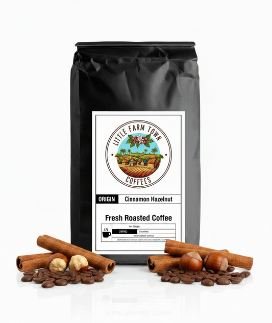 Bottle of Little Farm Town Coffees Cinnamon Hazelnut specialty coffee with cinnamon and hazelnut flavoring on a white background.