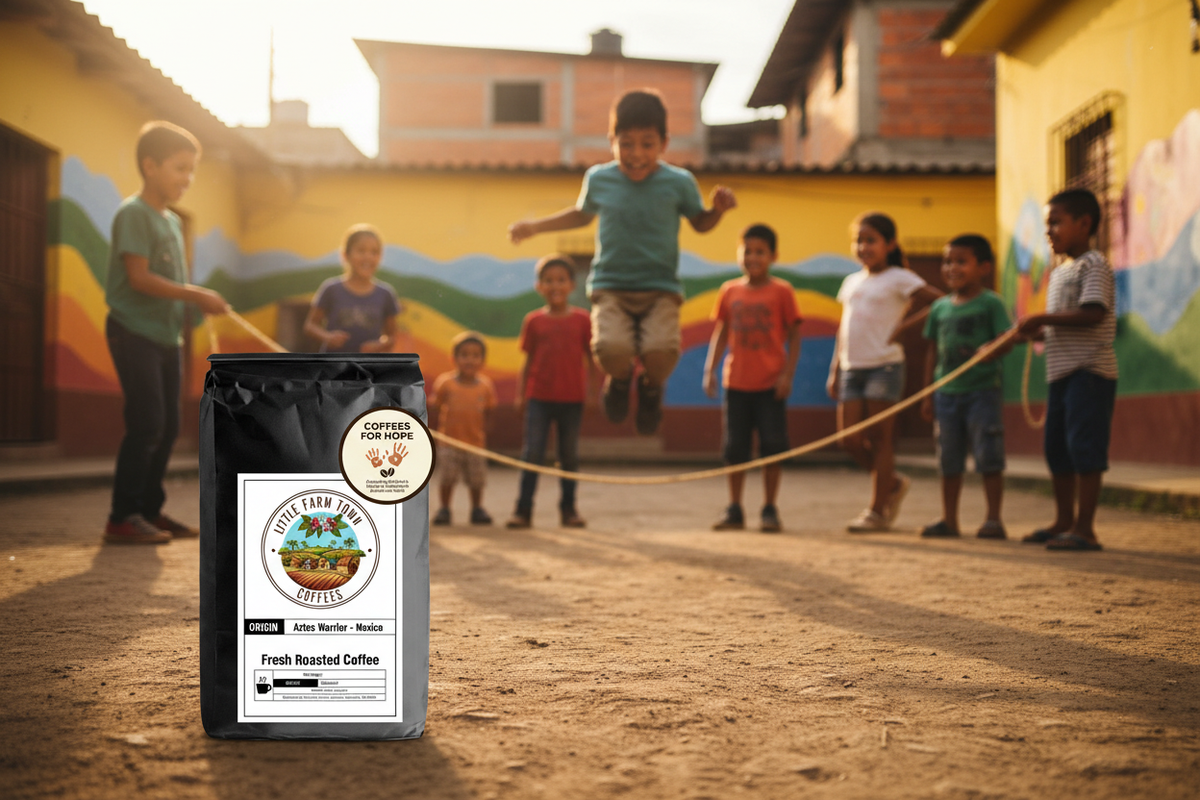 Colombian Hope coffee for Hope from Little Farm Town Coffees, featuring a vibrant jump rope design on the packaging.