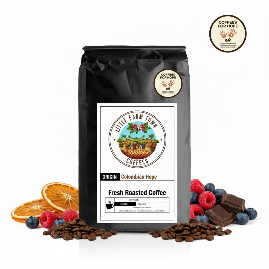 Image of Colombian Hope coffee from Little Farm Town Coffees, showcasing a bag of Colombian Hope coffee beans.