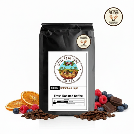 Image of Colombian Hope coffee from Little Farm Town Coffees, showcasing a bag of Colombian Hope coffee beans.