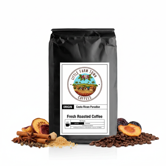 Costa Rican Paradise specialty coffee from Little Farm Town Coffees, showcasing a bag of premium Costa Rican coffee beans.