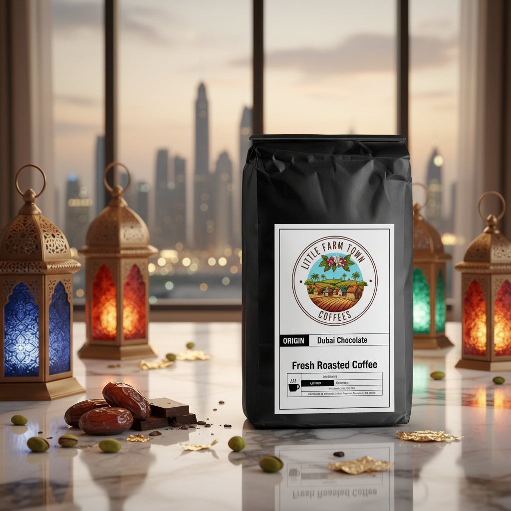 A cup of Dubai Chocolate specialty coffee from Little Farm Town Coffees, featuring rich brown coffee beans and a steaming mug.