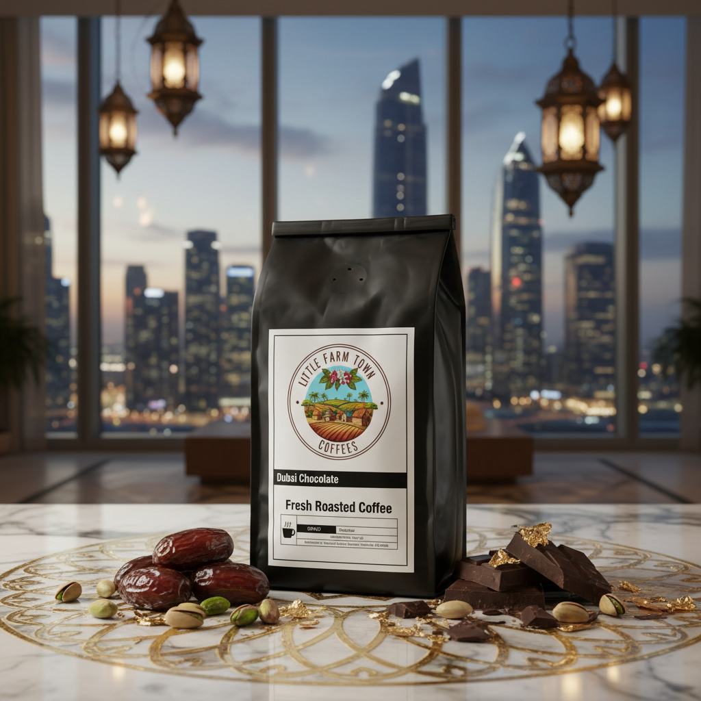 A cup of Dubai Chocolate specialty coffee from Little Farm Town Coffees, with rich chocolate-colored brew and coffee beans nearby.