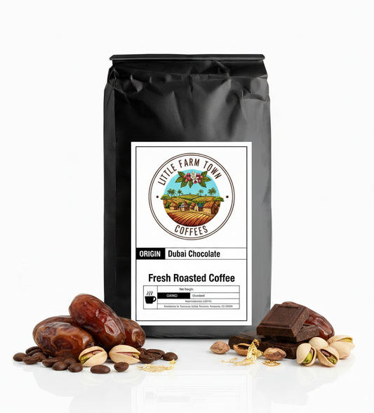 Specialty Dubai Chocolate coffee bag by Little Farm Town Coffees on a white background, showcasing rich coffee beans and packaging.