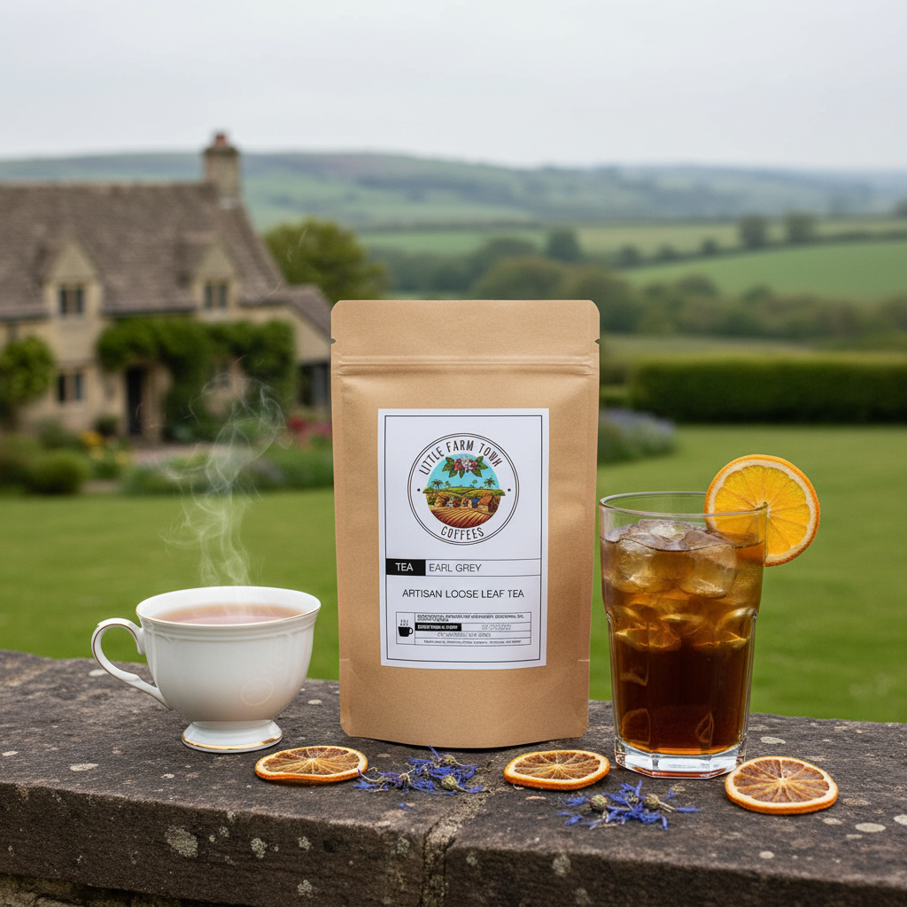 A steaming cup of Earl Grey artisan tea with a tea infuser, surrounded by fresh citrus slices on a rustic wooden table.