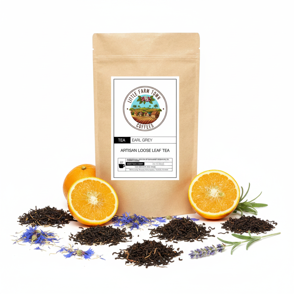 A cup of brewed Earl Grey artisan tea from Little Farm Town Coffees with a tea bag and fresh lemon slices on a white background.