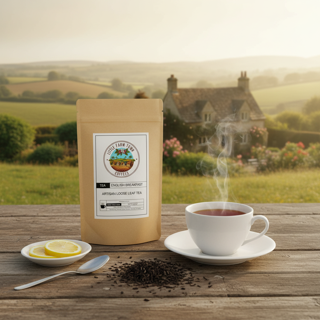 A steaming cup of English Breakfast artisan tea by Little Farm Town Coffees, served with a teapot, tea leaves, and breakfast setting.