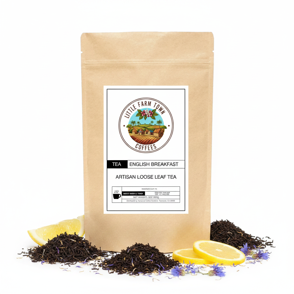 Artisan English Breakfast tea in a white package by Little Farm Town Coffees, showcasing the tea branding and packaging design.